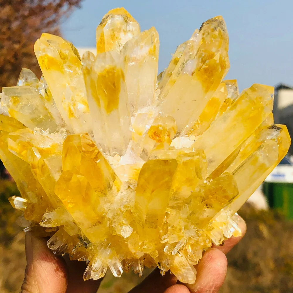 

Rare new yellow phantom quartz crystal cluster specimen
