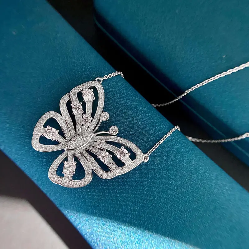 

Jazaz 100% 925 Sterling Silver Wedding Necklace women Sparking Full Zircon Hollow Out Butterfly Pendant Party jewelry Gift B0939