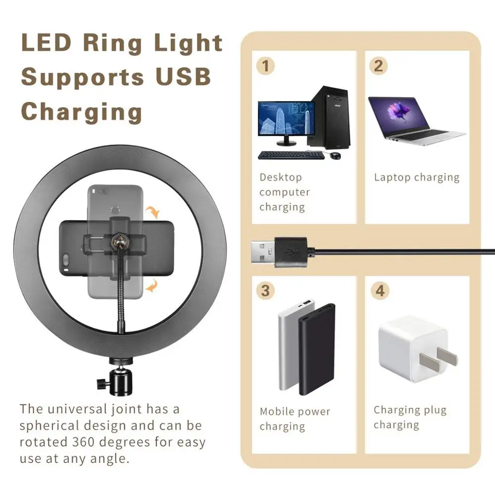Photography LED Selfie Ring Light Dimmable Camera Phone Lamp 10inch With Table Tripods For Makeup Video Live Studio | Электроника