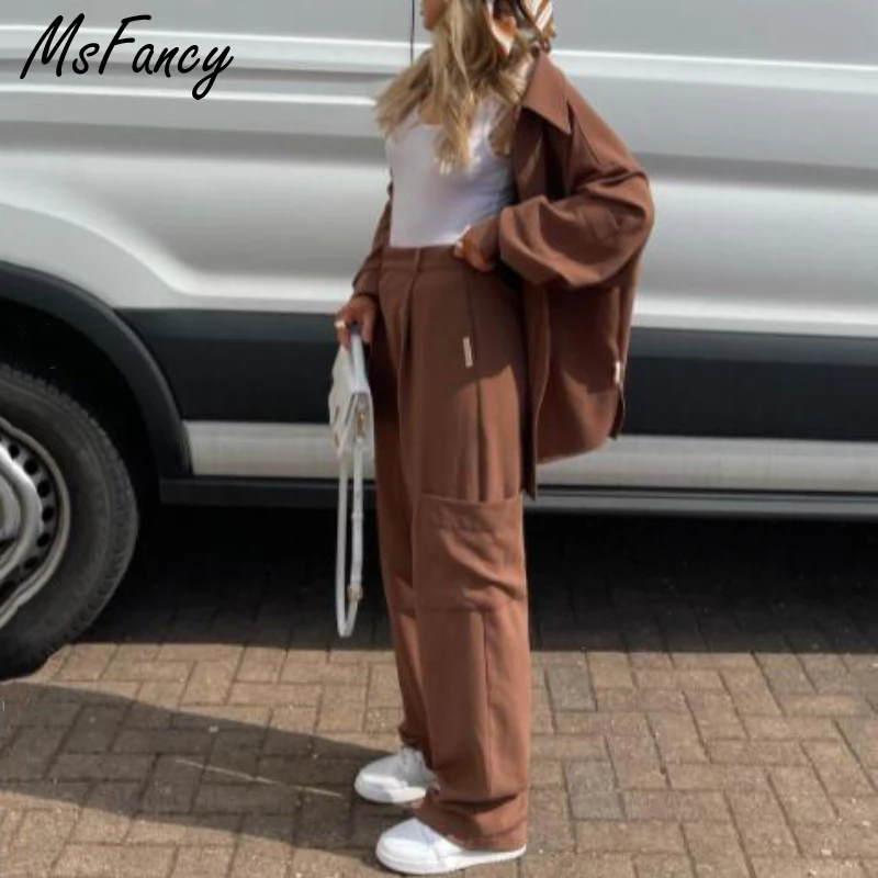 Комплект брюк Msfancy Женский винтажная рубашка с длинным рукавом и карманами брюки