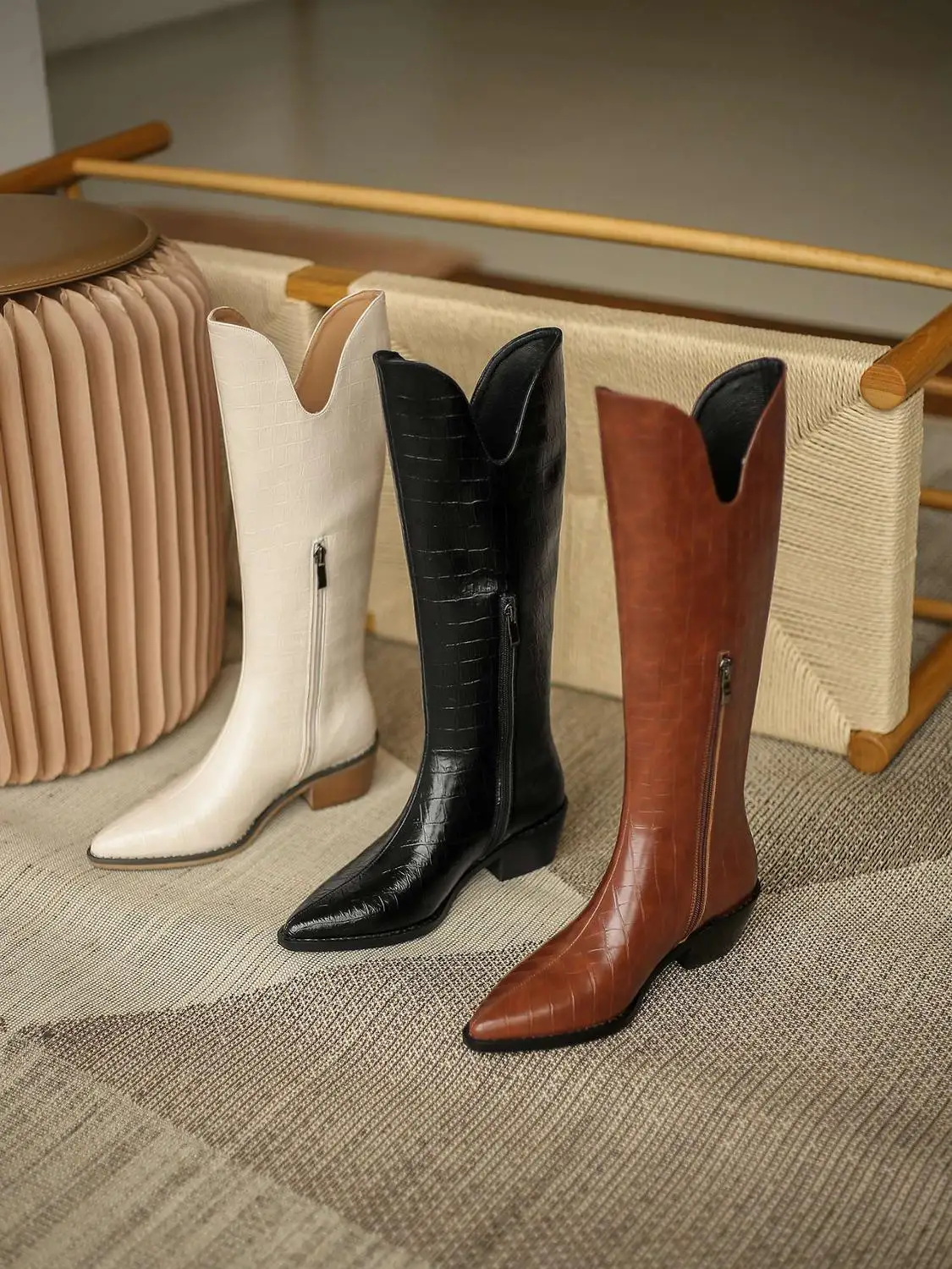 

Vichelo Hot western boots split leather stone pattern three colors pointed toe thick high heel zipper dating knee-high boots L80
