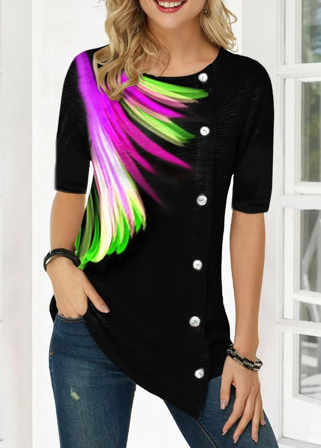 Цветной Перья печати рубашки с коротким рукавом для женщин летние футболки