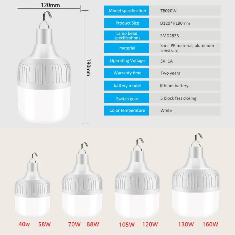 

Portable LED Emergency Lamp Bulb USB Rechargeable Camping Lantern Energy-saving Light Tent Hanging Lamps Outdoor Night Light