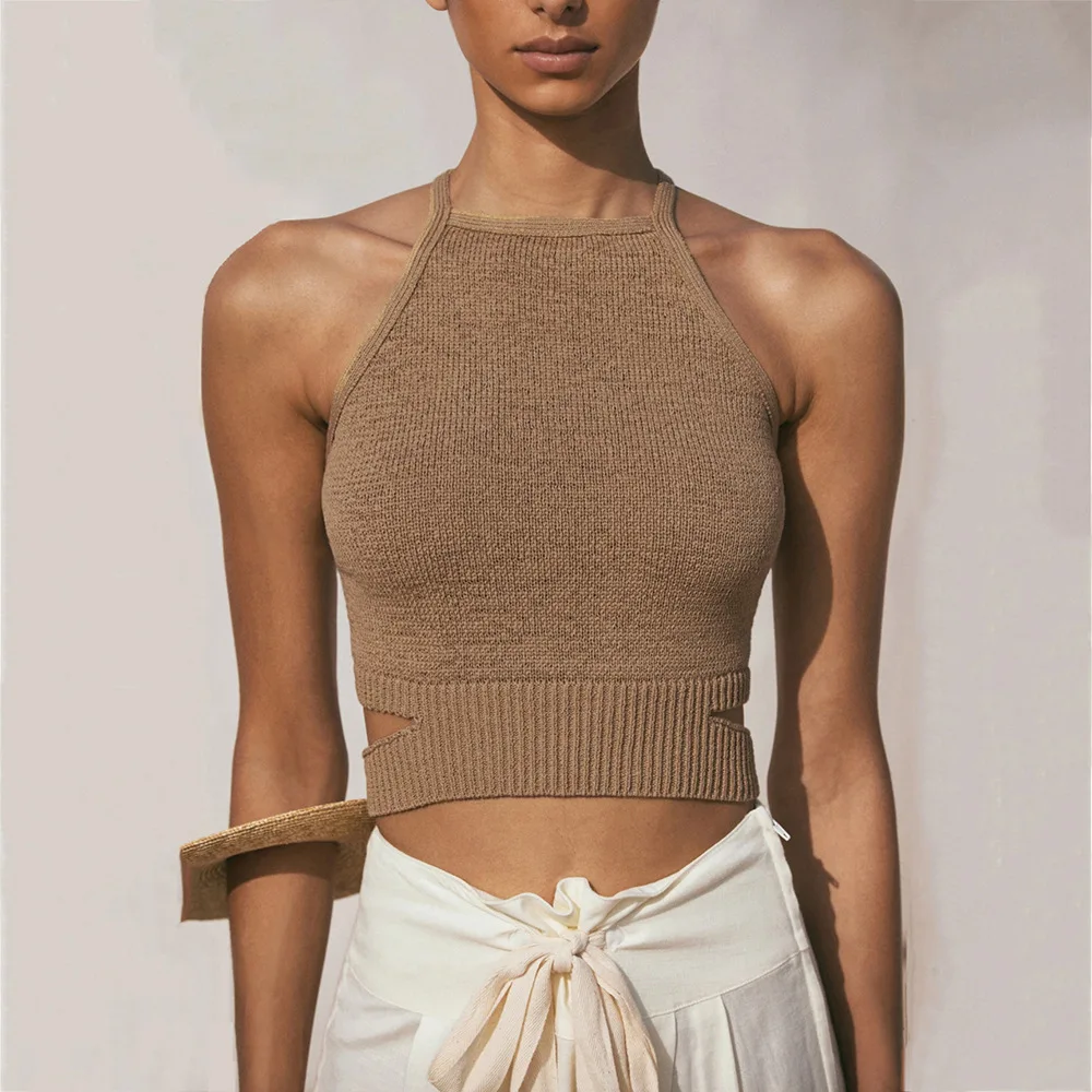 

Mandylandy Vest Women's Fashion Backless Bandage Halter Spaghetti Strap Vest Summer Sexy Solid Color Slim Hollow Out Vest