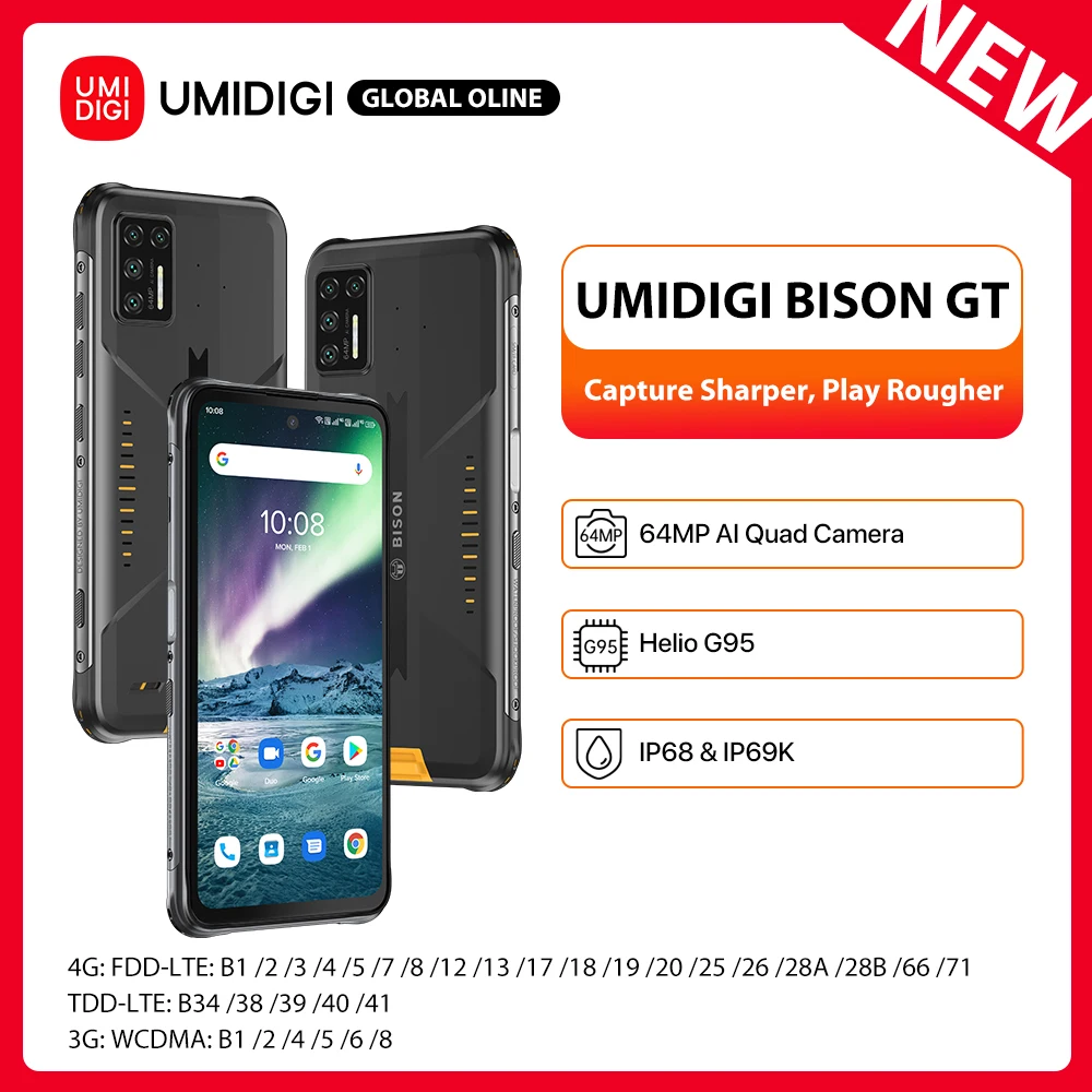 Смартфон UMIDIGI BISON GT 8 + 128 ГБ 6 67 дюйма FHD 33 Вт IP68/IP69K Helio G95|Смартфоны| |