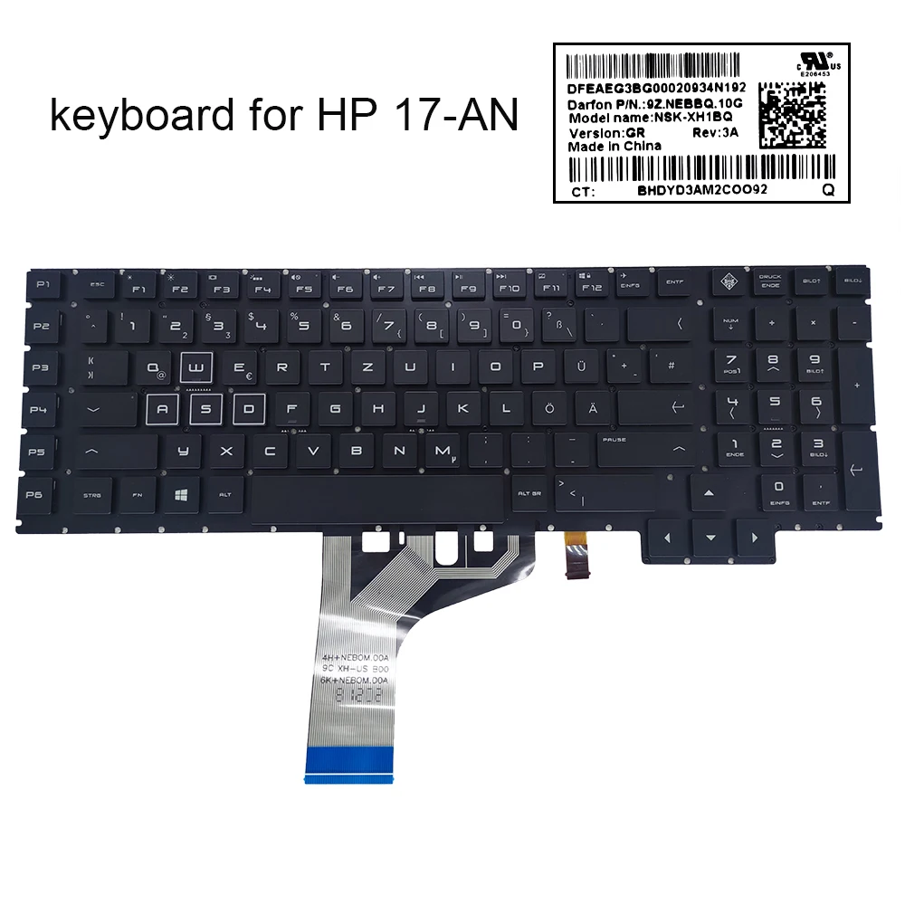 

German RGB backlit keyboard for HP Omen 17-an 013tx 17-an014tx 17-AN000 016NG 053NR GR laptop keyboards color light 9Z.NEBBQ.10G