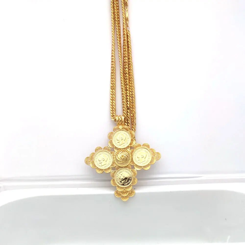 

Big Coin Cross Pendants 18ct THAI BAHT G/F GOLD CUBAN DOUBLE CURB CHAIN SOLID NECKLACE Jewelry Africa habesha eritrea Ethiopian