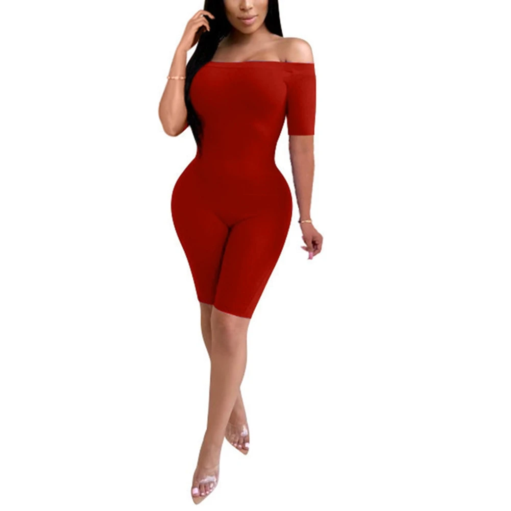 Женский неоновый комбинезон с вырезом лодочкой открытыми плечами цельный