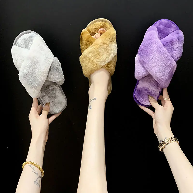 

Designer rainbow ladies indoor fur slides women's winter autumn short plush shoes girls home slippers