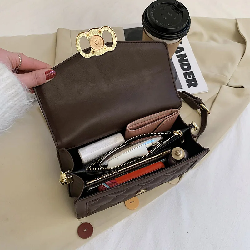 

Luxury Diamond Lattice Pattern Women's PU Leather Flap Shoulder Bag Female Trendy Chain Pure Color Small Square Crossbody Bags