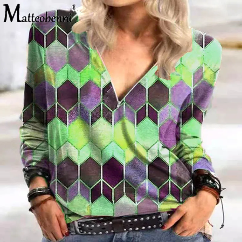 

Women Geometry Print T Shirt New Spring Casual V-Neck Zipper Loose Long Sleeve Tops 5XL Plus Size Street Hipster Female Tee 2021