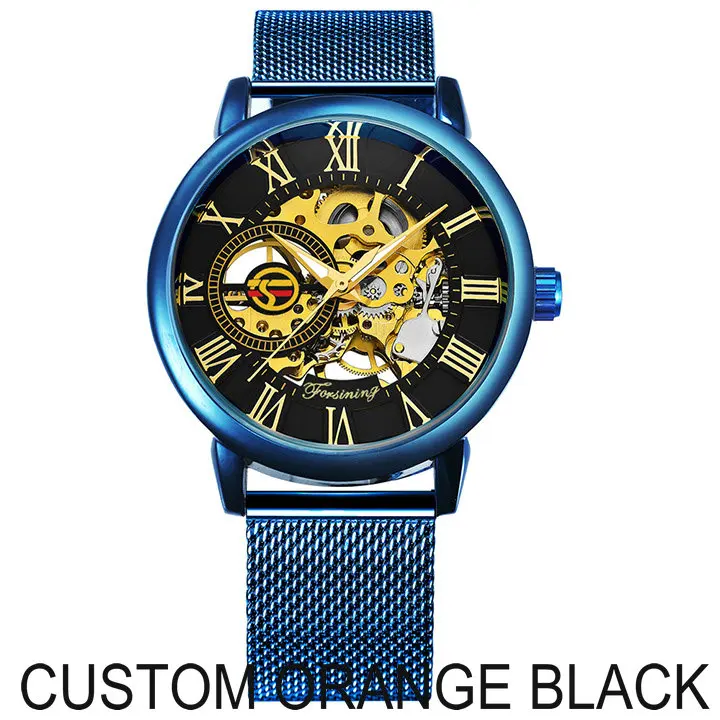 CUSTOM ORANGE BLACK FORSINING, синие мужские часы, Топ бренд, роскошные механические часы со скелетом, мужские Ультра тонкие сетчатые часы с ремешком, модные повседневные наручные часы - Цвет: CUSTOM ORANGE BLACK