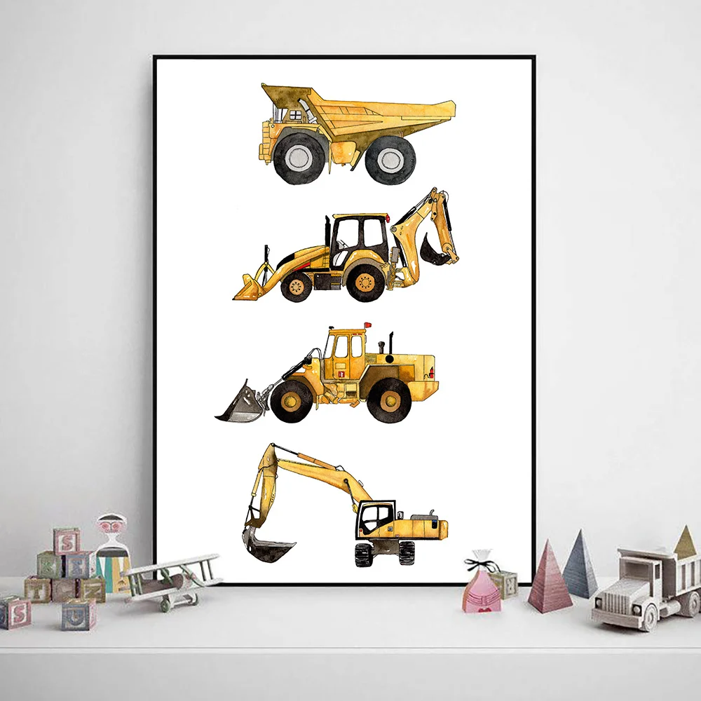 

Print Construction Transport Watercolor Canvas Painting Poster Truck Excavator Wall Art Modular Picture Baby Boy Room Home Decor