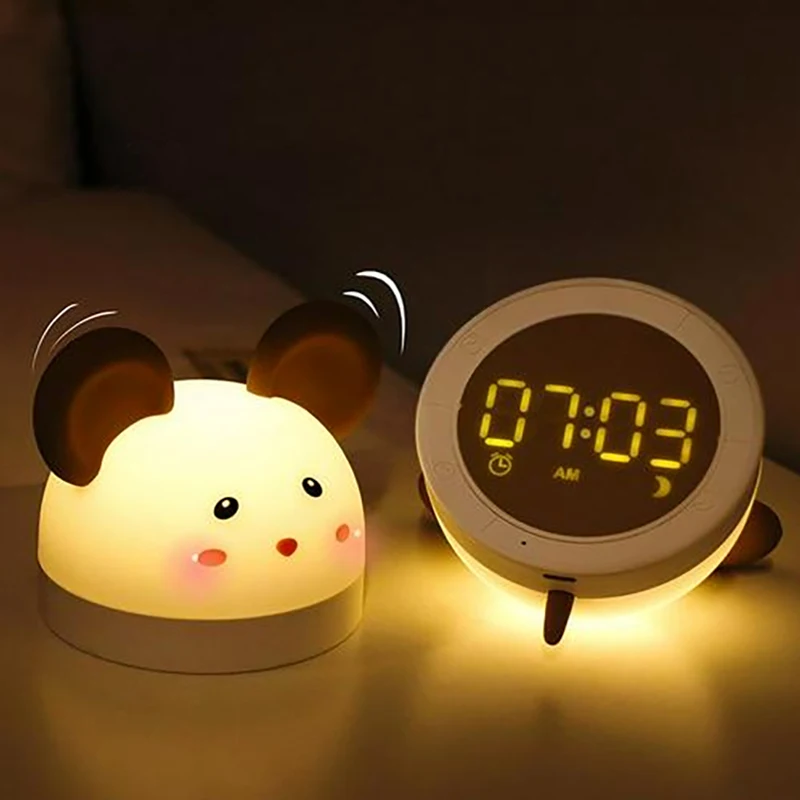 

Creativity Night Light Cute Silicone Mouse Digital Clock Bedside Learning Electronic Alarm Clock Chargeable Yellow White Light