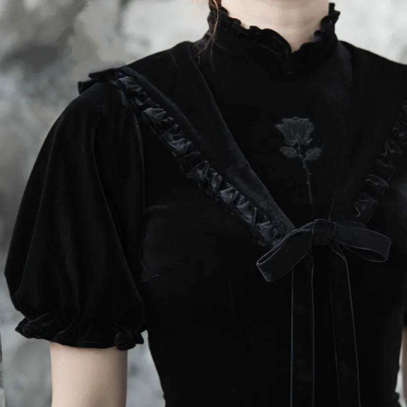 Женское бархатное платье-Ципао с рукавами-фонариками и вышивкой розы | Женская