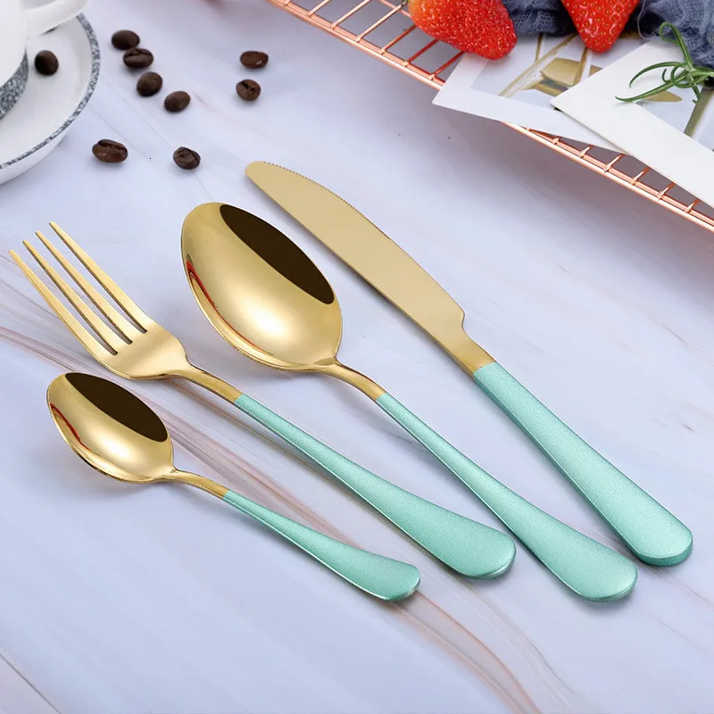 green gold Радужные столовые приборы набор вилок ложек ножей Корейская кухонная посуда набор серебряных изделий из нержавеющей стали 18/10 - Цвет: green gold