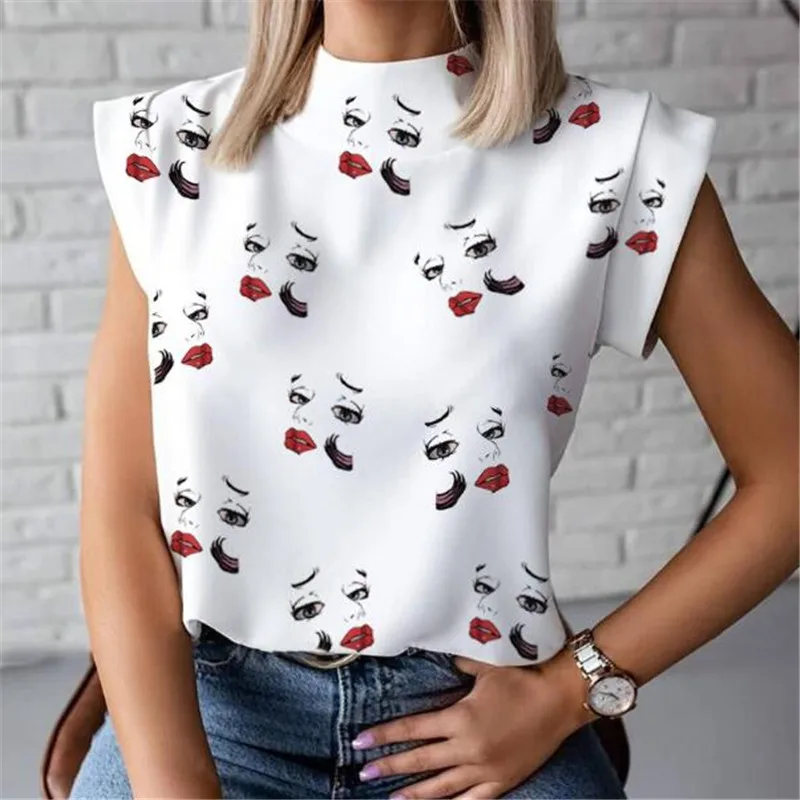 

Summer Short Sleeve Women's T Shirt Stand Neck Lip Print Office Lady T shirt Female 2020 Fashion White Plus Size T-shirts Ladies