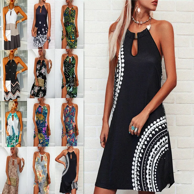 

Women's summer new style adjustable buckle metal hanging neck forest dress