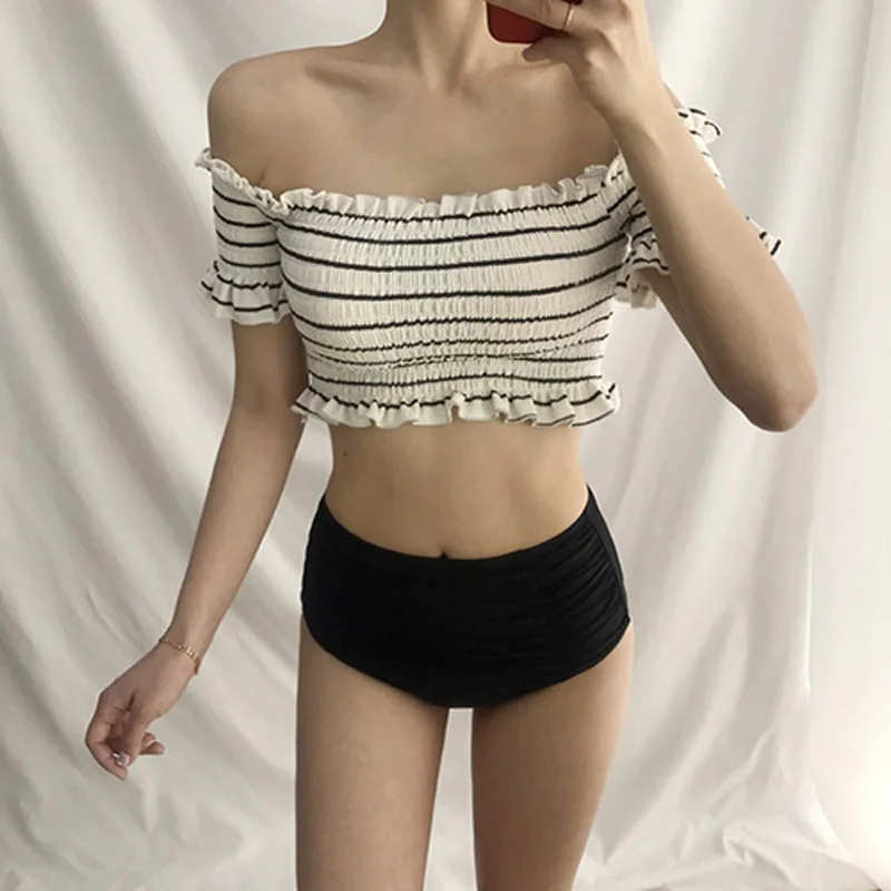 2018 эксклюзивный корейский пуловер с открытыми плечами и рюшами комплект бикини