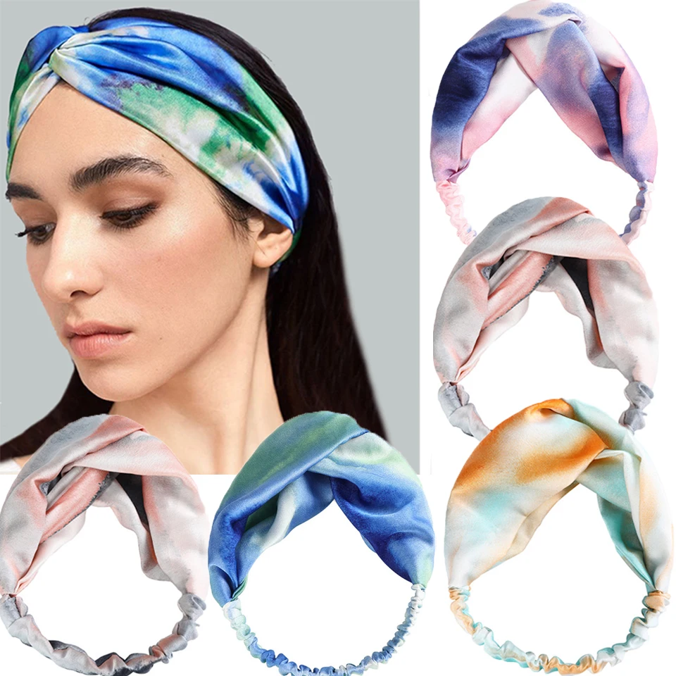 

Повязка для волос женская с принтом, модная винтажная эластичная лента с перехлёстом, бандана из искусственного шелка, аксессуары для волос...