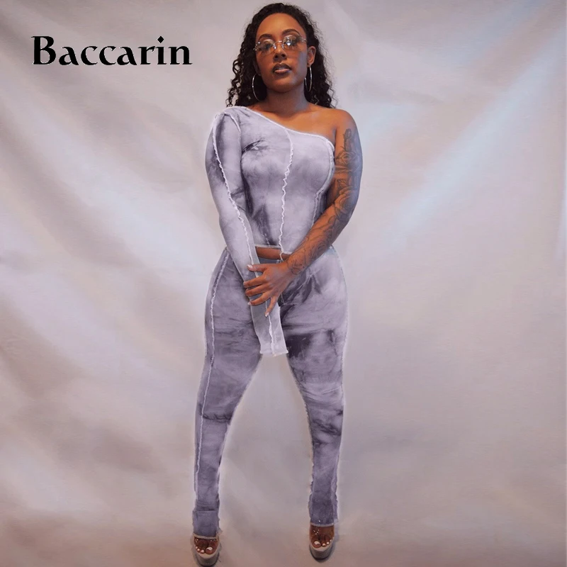 

Tie Dye Patchwork Women 2 Piece Set One Shoulder Long Sleeve Crop Top Pants Bodycon Streetwear Sexy Matching Sporty Club