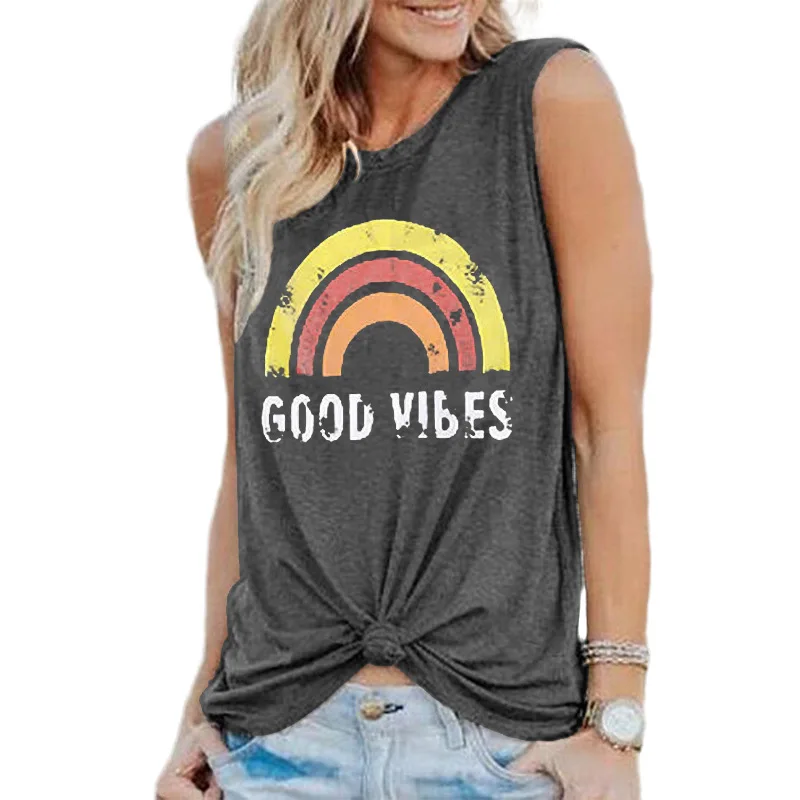 Женская хлопковая майка с надписью Good Vibes Повседневная Мягкая футболка без