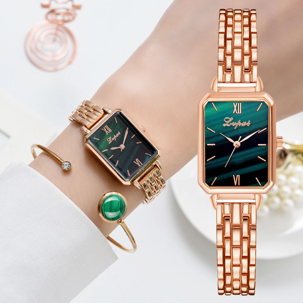 

Lvpai Brand Watch For Women Luxury Square Ladies Wrist Watch Bracelet Set Green Dial Rose Gold Chain Female Clock Reloj Mujer