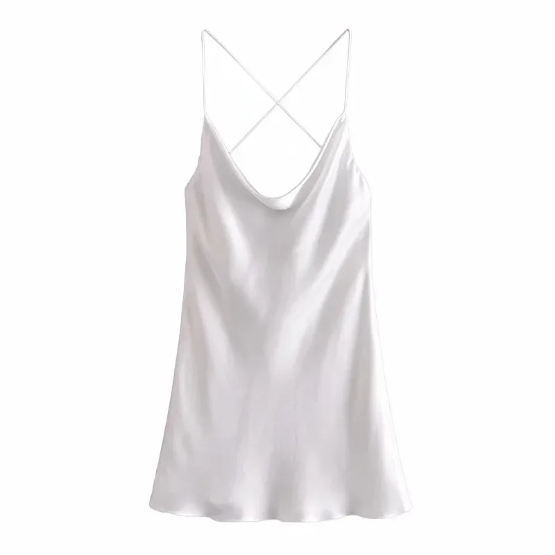 

TRAF Za 2021 Black Dress Woman Satin Slip White Mini Summer Dress Women Strap Backless Short Sexy Dresses Club Night Dresses