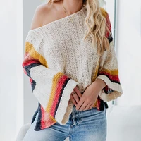 2020 rainbow slash neck sweaters women winter jumpers hollow knitted clothes fashion striped oversized pullover female sale