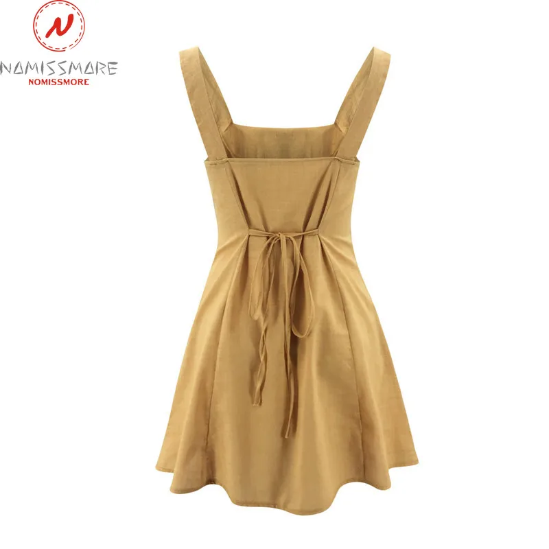 

Fashion Women Summer Solid A-Line Dress Belt Pockets Decor Slash Neck Sleeveless Backless High Waist Slim Pullovers Mini Dress