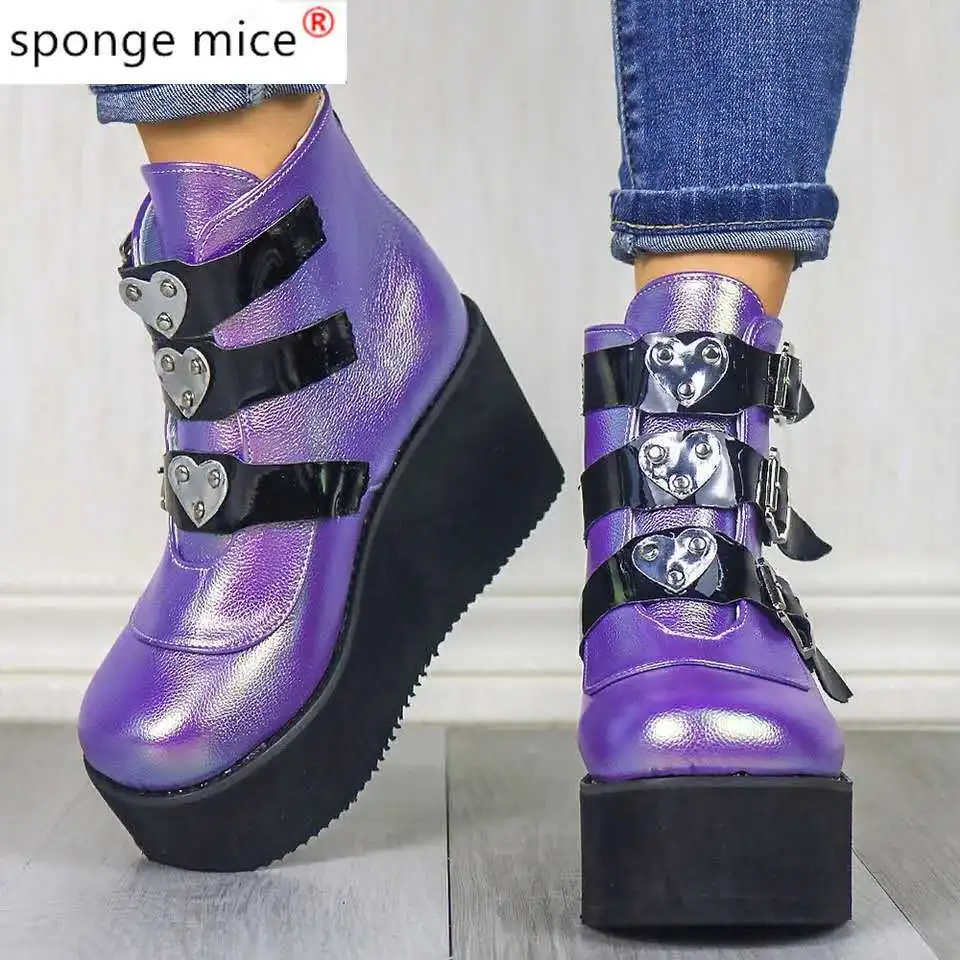

2020 Metal Buckle Ankel Boots for Women Black White Punk Female Platform Boots Wedges High Heels Botas Boots