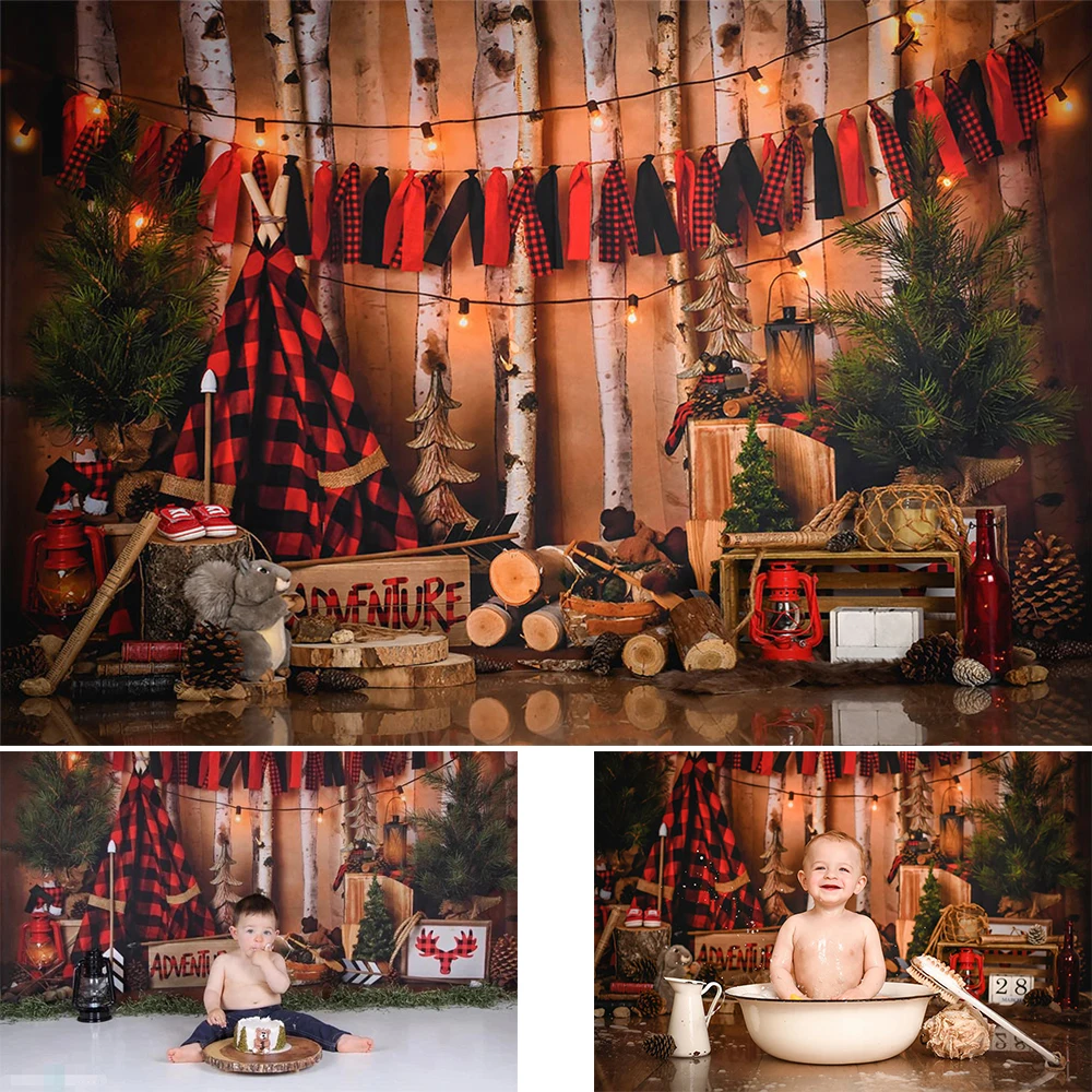 

Фон для фотосъемки новорожденных с изображением леса и красного флага