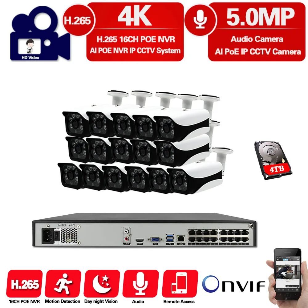 H.265 16CH 5MP 4K HD POE NVR Kit CCTV Системы ИК Открытый аудио запись AI IP Камера P2P для охранного