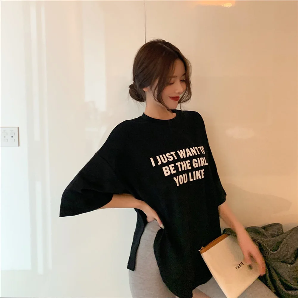 

2021 New Ins Loose BF Wind Split Printed Letter Short Sleeve T-shirt for Women Korean Style Cotton Casual O-neck 2020 Summer