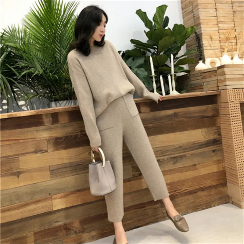 Новая мода 2019 женский спортивный костюм с карманами осень зима трикотажные брюки