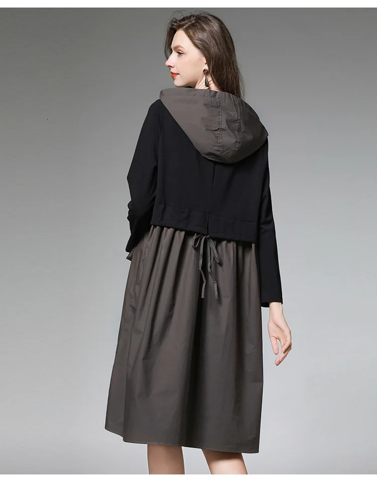 Женское Хлопковое платье LANMREM черное свободное пуловер с капюшоном и карманами