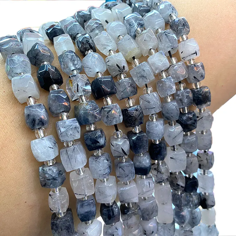 

Fine 100% Natural Black Rutilated Quartz Faceted Square Gemstone Beads For Jewelry Making DIY Bracelet Necklace 8-9MM 15''