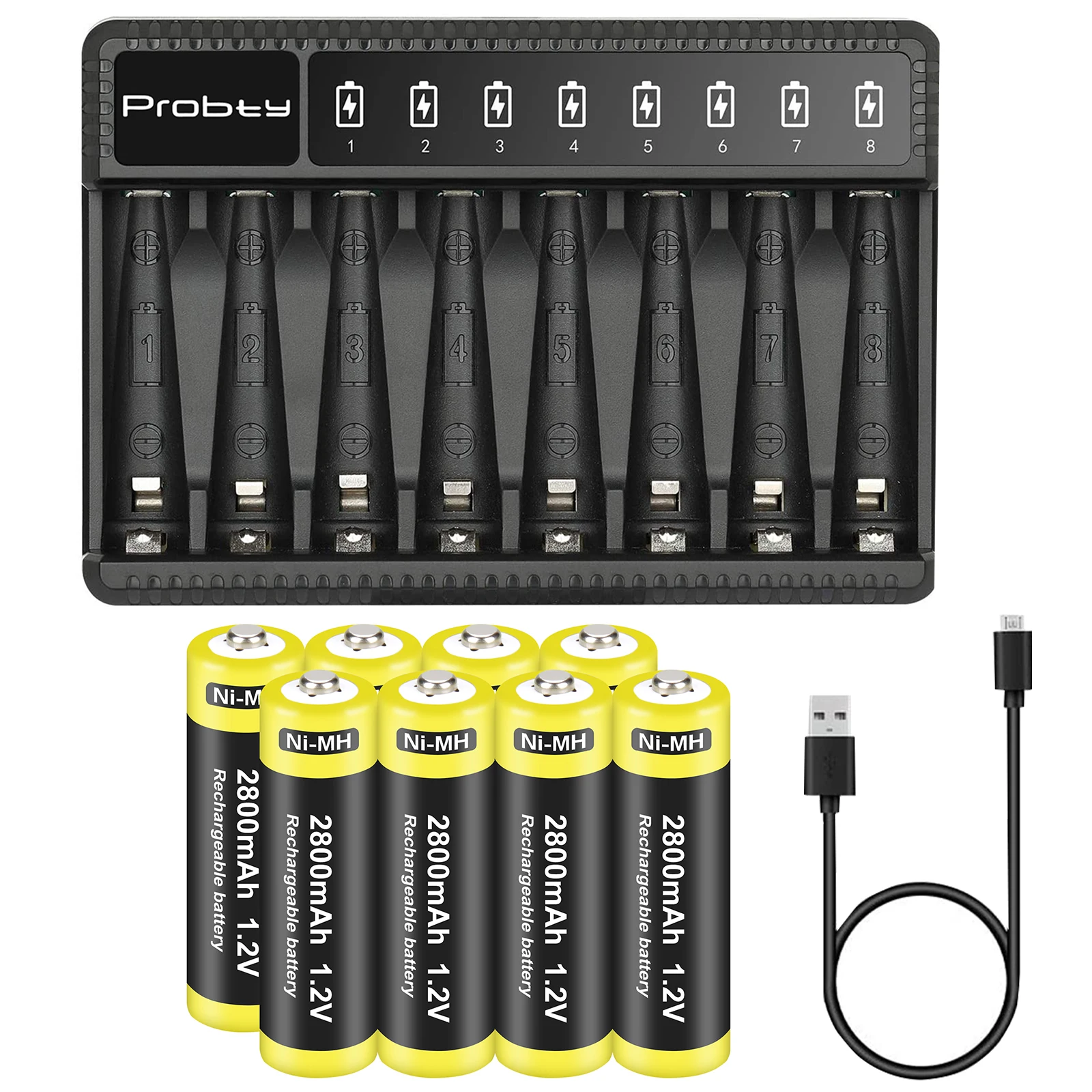 

Аккумуляторные батарейки Probty AA, 2800 мАч, с зарядным устройством на 8 ячеек