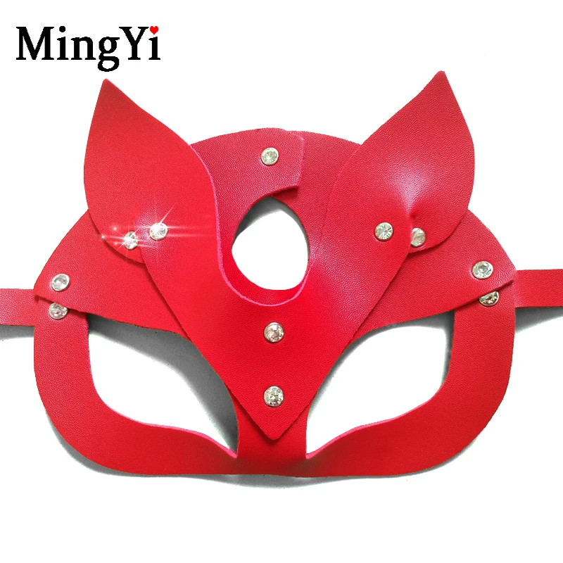 05-Rhinestone Red БДСМ черная сексуальная кожаная маска блестящие сверкающие заклепки из горного хрусталя Фетиш Женщина-кошка маски косплей Хэллоуин Маскарад Половина лица маска - Цвет: 05-Rhinestone Red