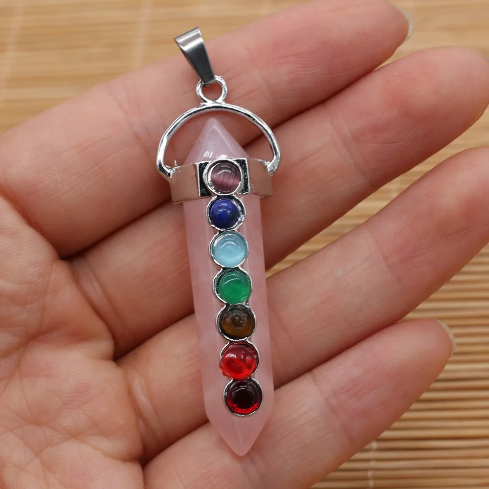 Семь чакр розовый Quartzs кулон аметисты с украшением в виде кристаллов Колонка