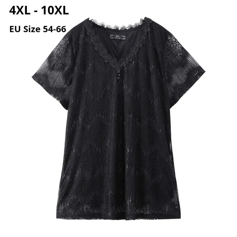 

Большие размеры 10XL 8XL 6XL 4XL,Российские размеры 66 62 58 54 , женские летние футболки с короткими рукавами Женская Черная кружевная одежда с v-образ...