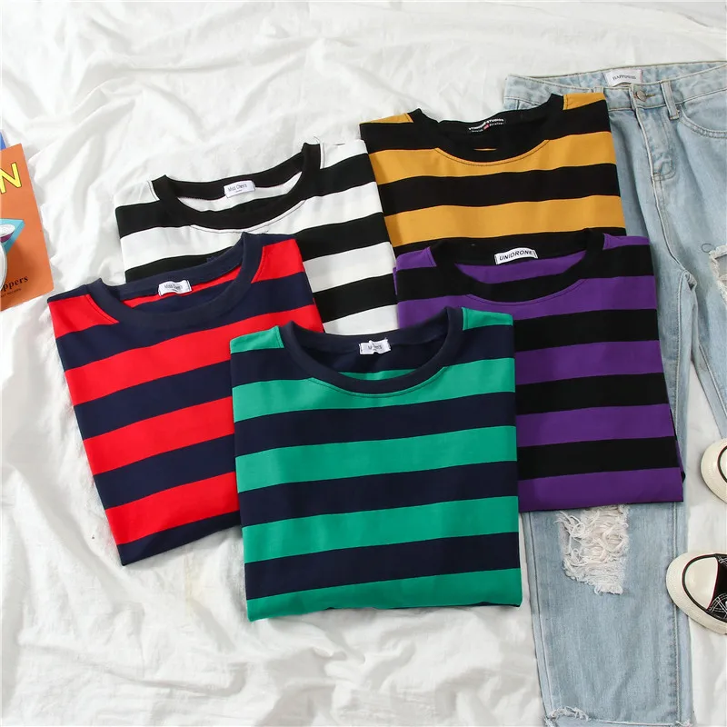Fives colors Women Cotton Purple Striped Tops Slim Fit t shirt Harajuku Tshirt Summer Long Sleeve Korean Feminina Tops