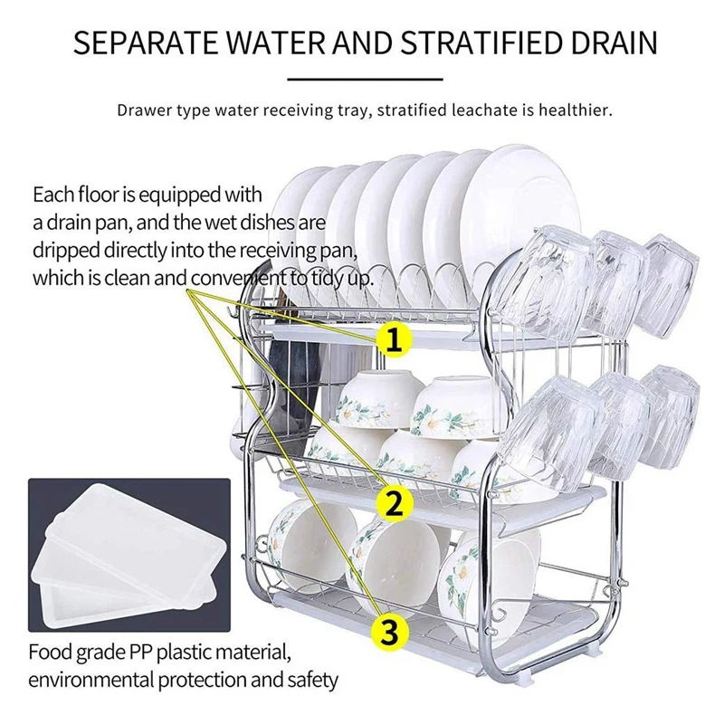 

Promotion! 3 Tier Dish Drainer Rack Holder Dish Drying Rack Plate Dish Cup Cutlery Drainer Rack Plates Holder with Mug Holder an