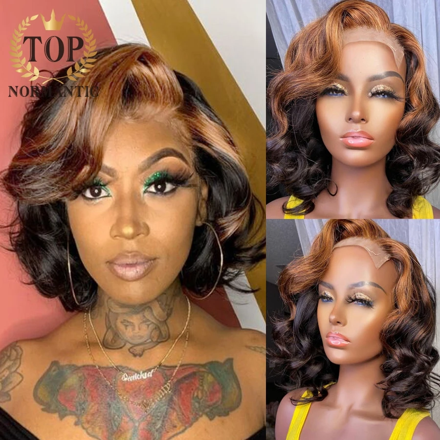 Topnormantic Highlight Color Body Wave Wig with Baby Hair Glueless Wig for Women Remy Brazilian Human Hair 4x4 Lace Closure Wigs