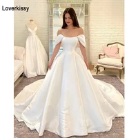 loverkissy simple satin wedding dresses off the shoulder ball gowns scoop neck lace up bridal gowns long train princess party