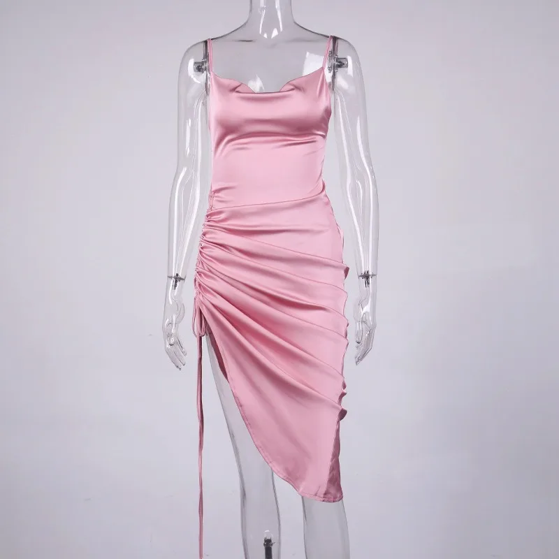 

Elegant Spaghetti Strap Sation Dress for Women 2021 Solid Sleeveless Party Sexy Split Lace Up Hip Backless Solid Outwear G2709