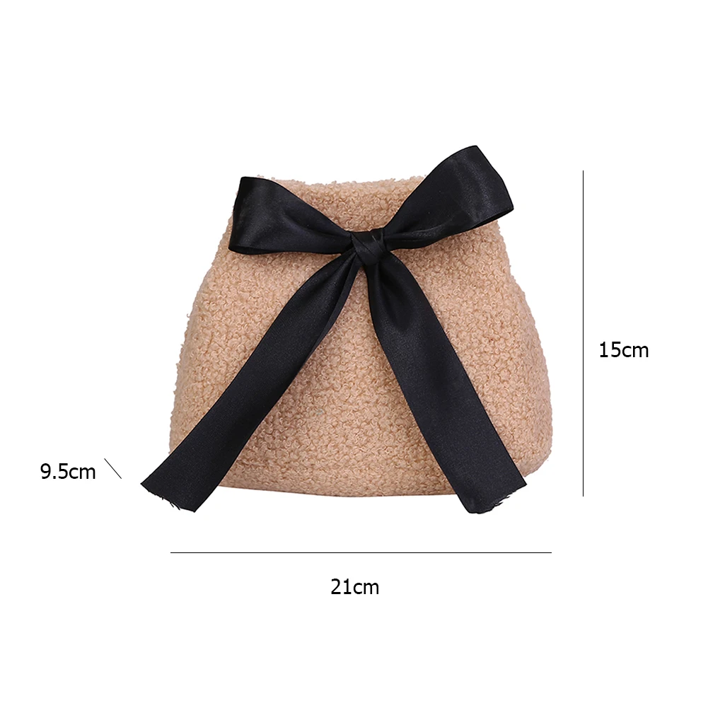

Casual Thin Chain Shoulder Messenger Handbags Women Plush Bowknot Drawstring Bucket Purse Portable Solid Color Crossbody Bag