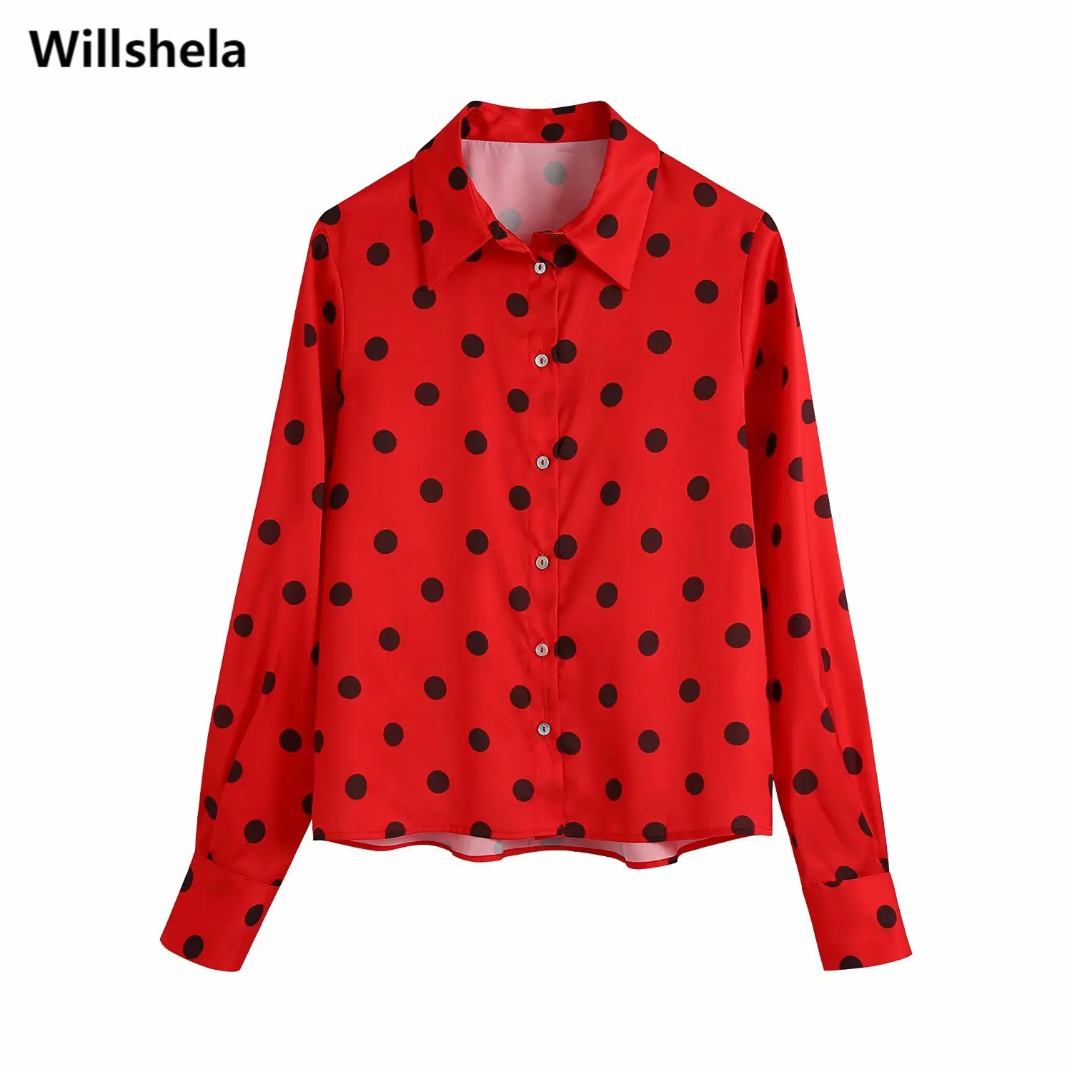 

Willshela Женская модная рубашка в горошек однобортный длинный рукав воротник с лацканами винтажные женские рубашки шикарные топы блузка