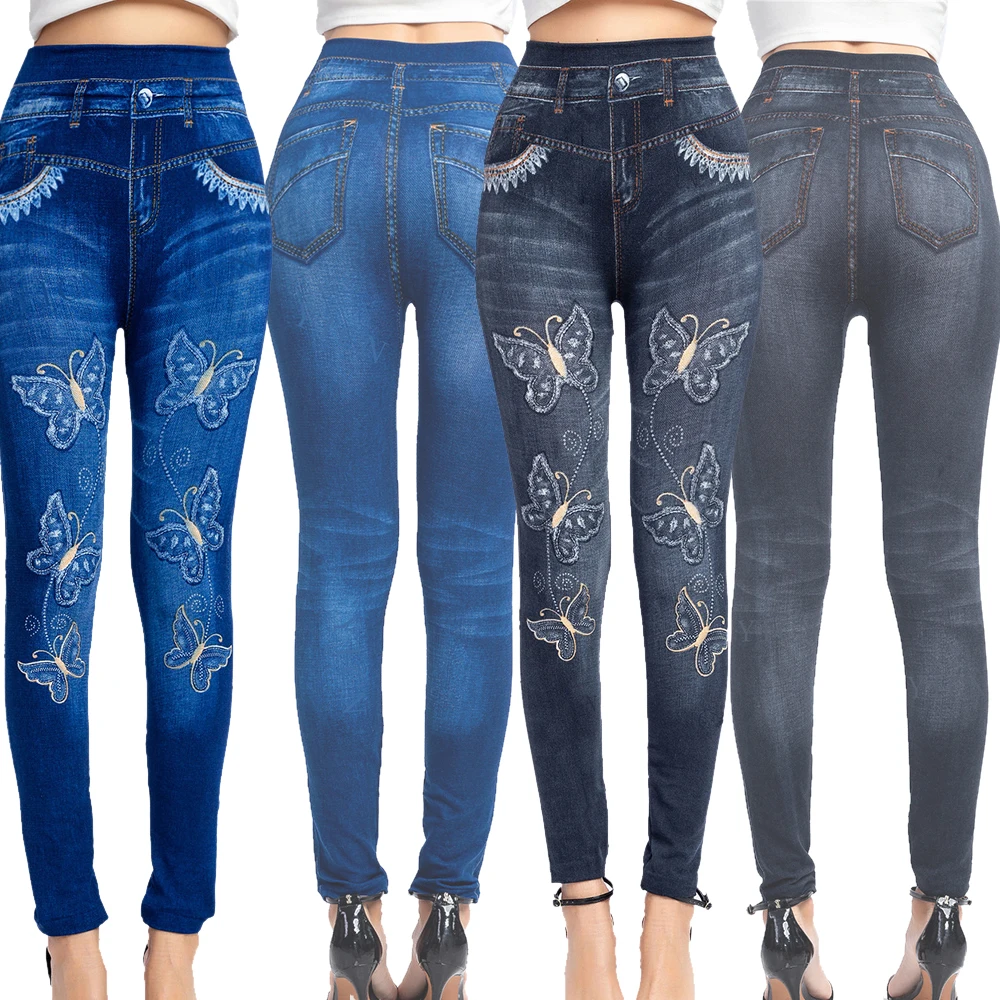

Women High Waist Fake Jeans Print Ankle Length Pant Super Stretchy Skinny Imitation Jeans Legging Plus Size