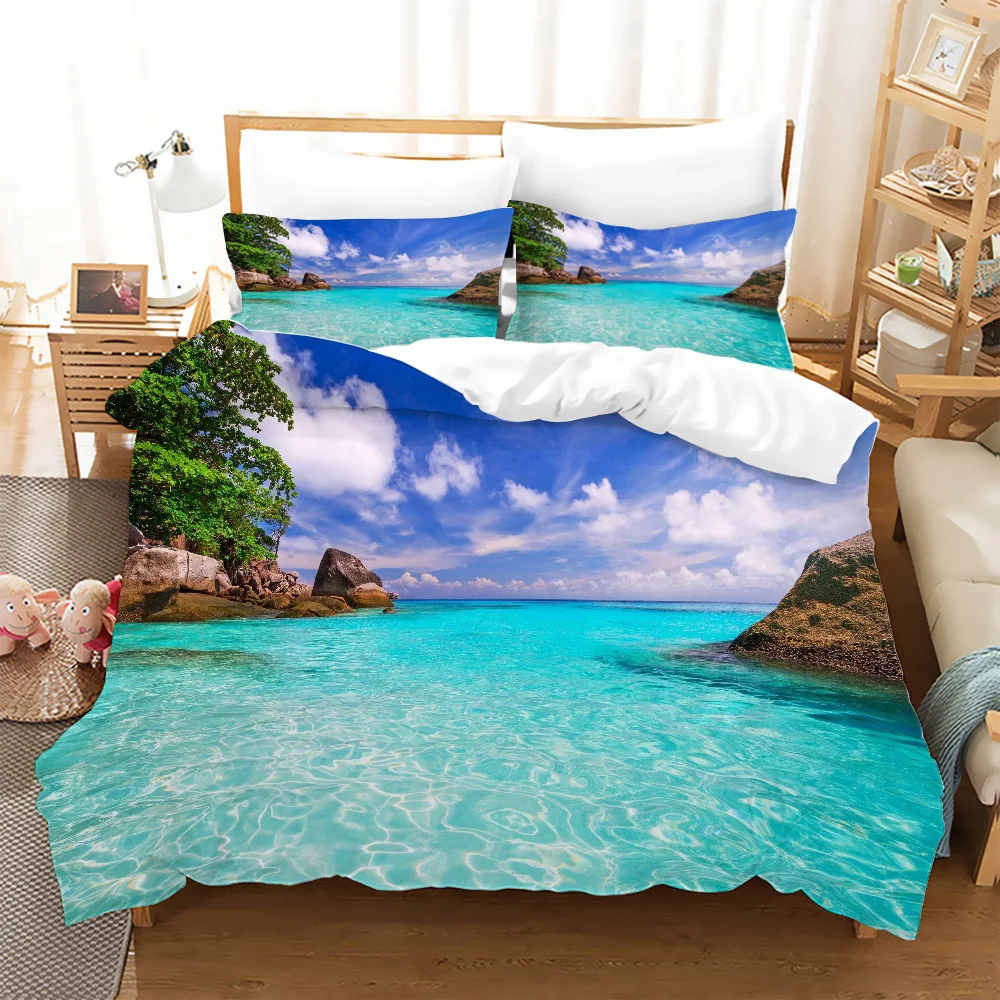 

Summer 3D Printing Bedding Set Seaside Beach Pattern Duvet Cover Sets for Kids Adult Bedlines with Pillowcase Single Double Size